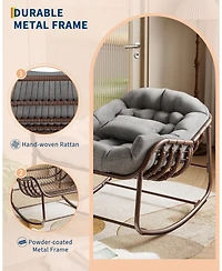 gaomon Outdoor Papasan Rocking Chair, Oversized Wicker Lounge Chair with Cushion and Metal Frame, Patio Rattan Egg Rocker for Balcony Backyard Porch