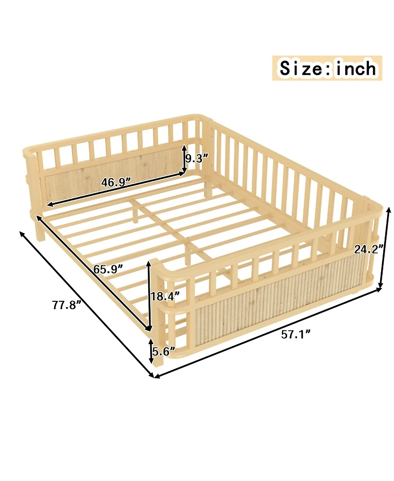 Jujabu Full Size Kids Double Wooden Platform Bed with Safety Railings