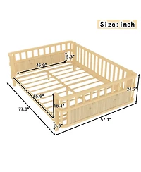 Jujabu Full Size Kids Double Wooden Platform Bed with Safety Railings