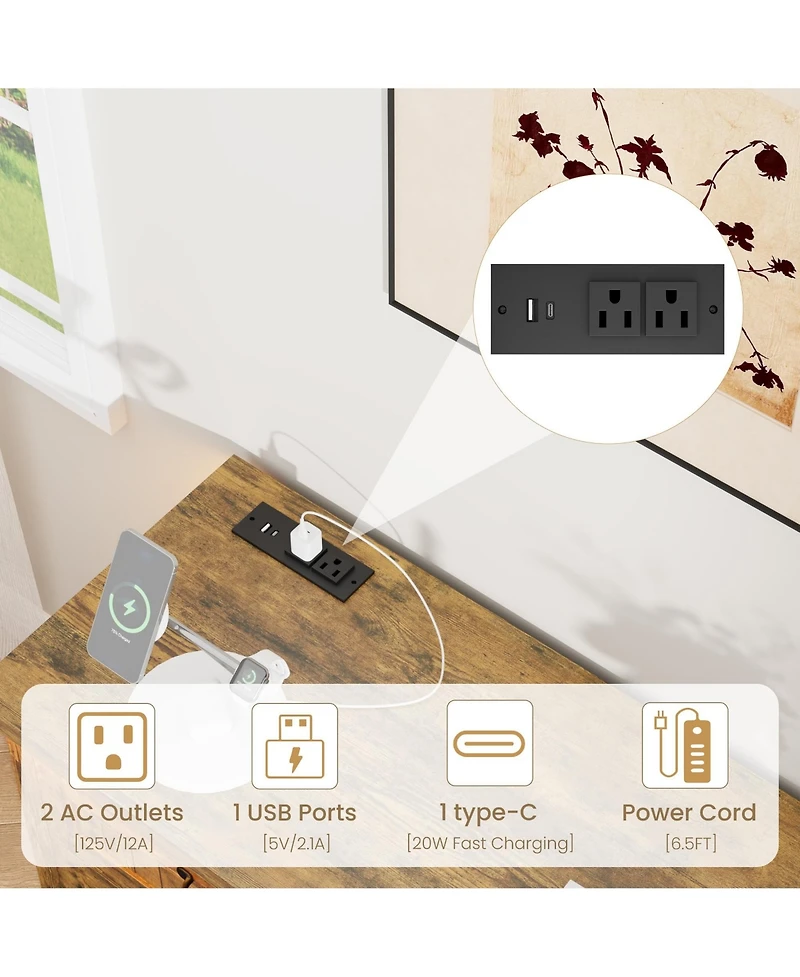 gaomon Farmhouse Drawer Dresser with Charging Station and Led Lights