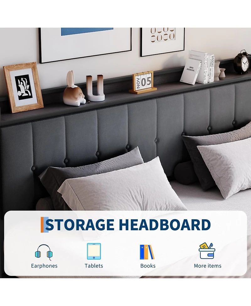Homfan Lift Up Bed Frame, Upholstered Bed with Button Tufted Wingback Storage Headboard, Hydraulic Storage, No Box Spring Needed