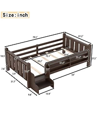 Rainsken Twin Size Floor Bed with Stairs and Bookcase, Solid Wood Low Profile Bed Frame with Guardrails, Kids Bed for Boys Girls, 350 Lbs Capacity