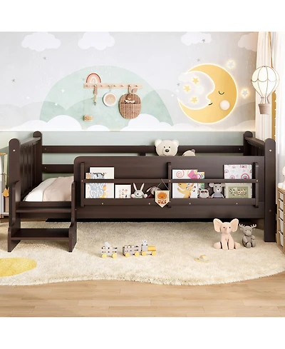 Rainsken Twin Size Floor Bed with Stairs and Bookcase, Solid Wood Low Profile Bed Frame with Guardrails, Kids Bed for Boys Girls, 350 Lbs Capacity