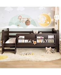 Rainsken Twin Size Floor Bed with Stairs and Bookcase, Solid Wood Low Profile Bed Frame with Guardrails, Kids Bed for Boys Girls, 350 Lbs Capacity