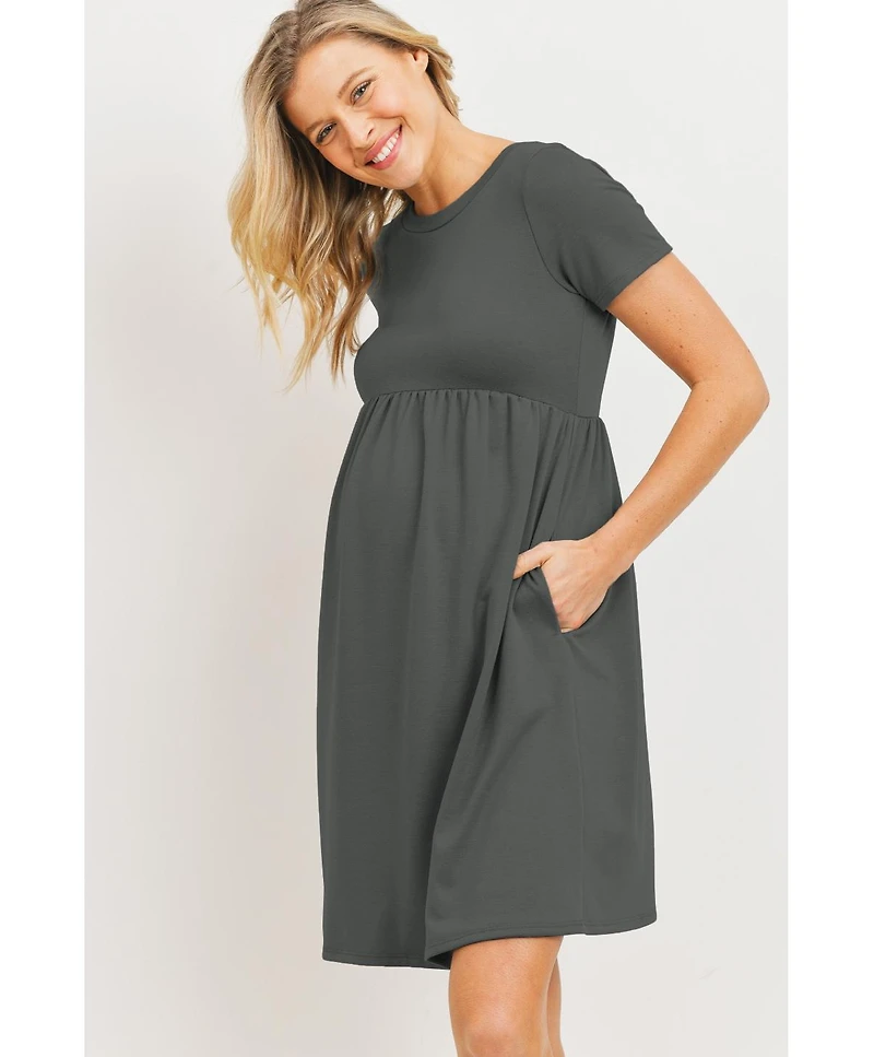 Hello Miz Maternity Crew Neck Empire Waist Mini T-Shirt Dress with Pockets