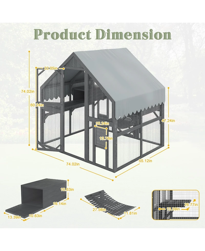 Zeus & Ruta Large Outdoor Cat Enclosure Wooden Shelter with Platforms Resting Box Bridge Waterproof Uv Proof Canopy