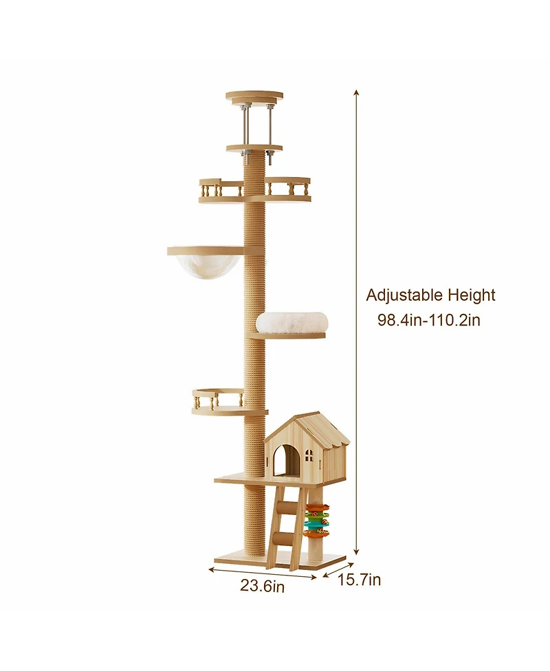 Zeus & Ruta Floor to Ceiling Cat Tree Adjustable Height Wood Tower with Scratching Post Condo Cave Bed Hammock