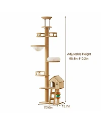 Zeus & Ruta Floor to Ceiling Cat Tree Adjustable Height Wood Tower with Scratching Post Condo Cave Bed Hammock