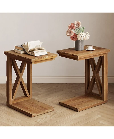 Tribesigns Solid Wood End Table Set of 2, 2-Tier C Shaped Side Table, Solid Wood Sofa Side Table, Simple Nightstand