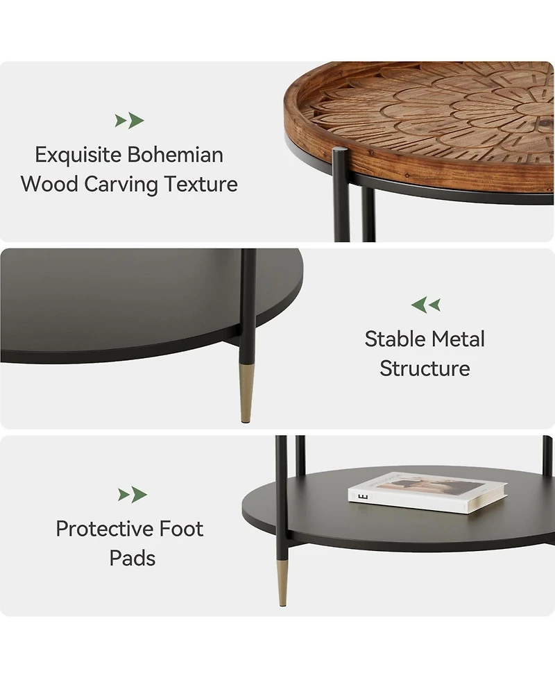 Tribesigns Solid Wood Round Coffee Table, 31.5-Inch Boho Center Tea Table with Metal Storage Frame and Carved Floral Pattern