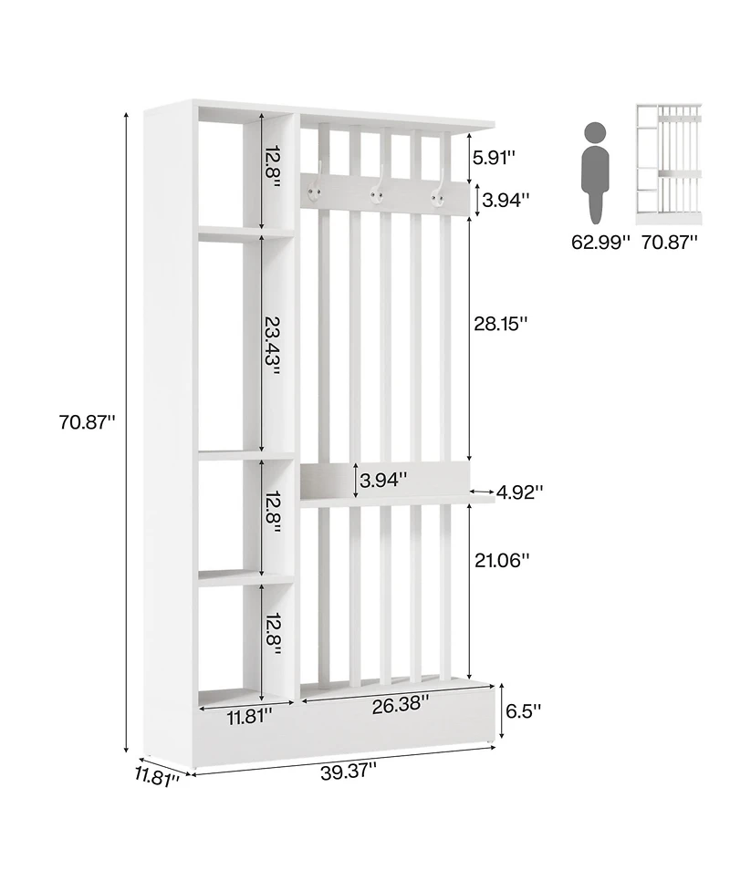 Tribesigns 71" Wall Room Divider with Shelves and Coat Hooks, Wood Freestanding Room Divider Bookcase for Home and Office Decorative