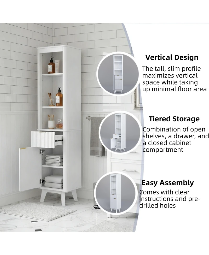 Busdays 68" Tall White Storage Cabinet with Drawer, Door and Adjustable Shelves