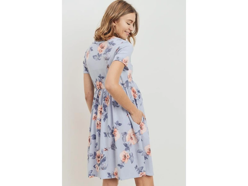Hello Miz Maternity Floral Print Empire Waist Short Sleeve Knit Dress with Pockets
