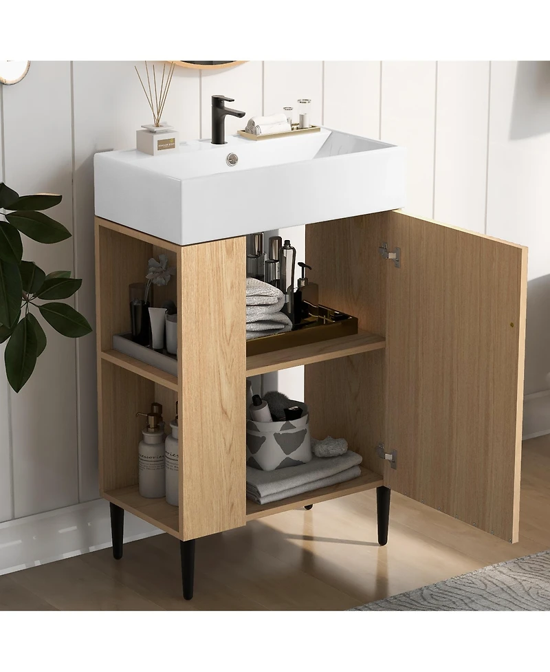 Busdays 21.6" Wood Bathroom vanity, Combo Cabinet, Bathroom Storage Cabinet, Single Ceramic Sink, Left side storage