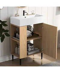 Busdays 21.6" Wood Bathroom vanity, Combo Cabinet, Bathroom Storage Cabinet, Single Ceramic Sink, Left side storage