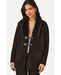 Yumi Women's Detachable Fur Collar Trim Cardigan