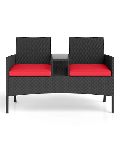 Sugift Patio Loveseat with Built In Table for Backyard or Porch