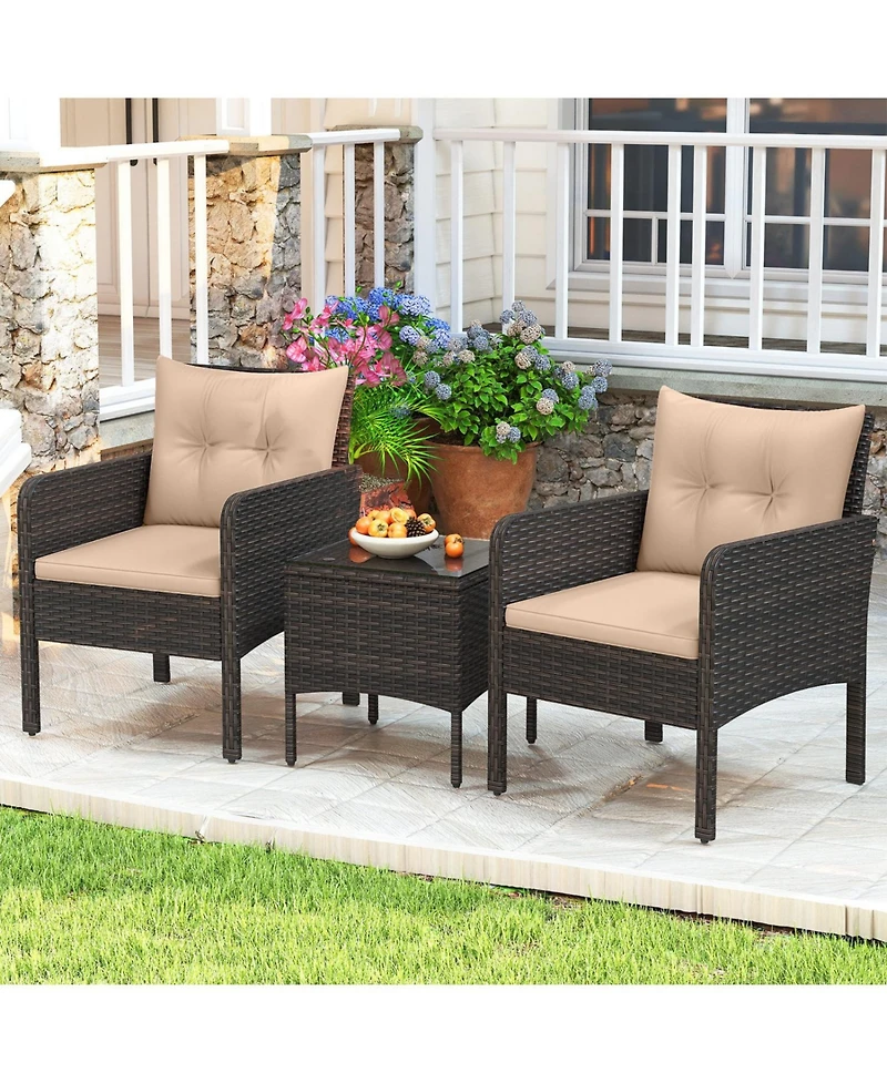Sugift 3 Piece Patio Wicker Furniture Set with Cushions for Balcony