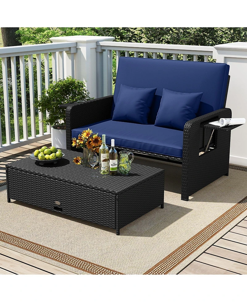 Sugift Pe Wicker Outdoor Daybed with Adjustable Backrest and Ottoman