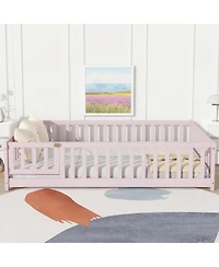 Jujabu Full Rubber Wood Floor Bed with Fence Door and Safety Guardrails
