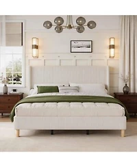 Homfan Upholstered Platform Bed Frame X2013 Corduroy Vertical Channel Tufted Wingback Headboard