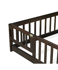 Jujabu Full Rubber Wood Floor Bed with Fence Door and Safety Guardrails