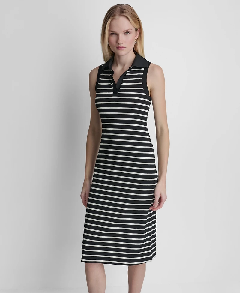 Dkny Women's Striped Sleeveless Collared Polo Midi Dress