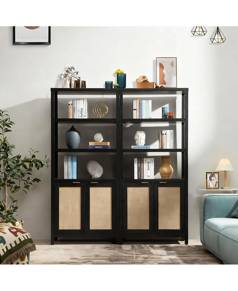 Yigii 5-Tier Rattan Boho Bookcase with Doors for Home Storage