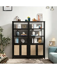 Yigii 5-Tier Rattan Boho Bookcase with Doors for Home Storage