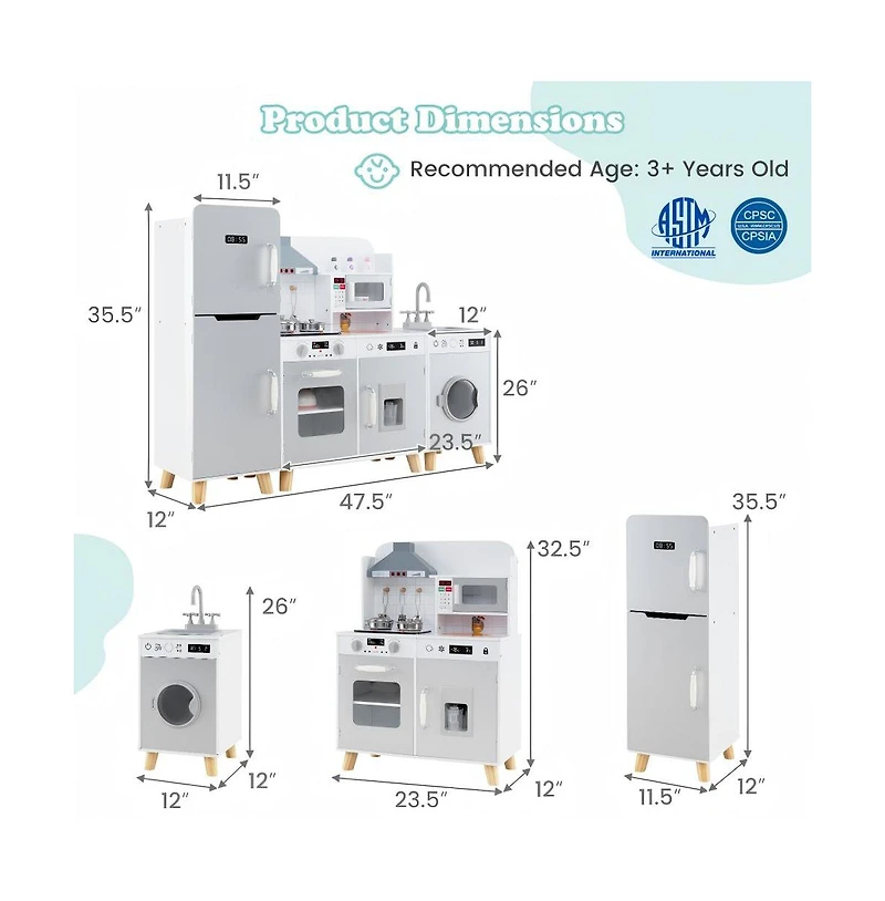 Hongge Kids Kitchen Playset 3 in 1 with Refrigerator and Washing Machine