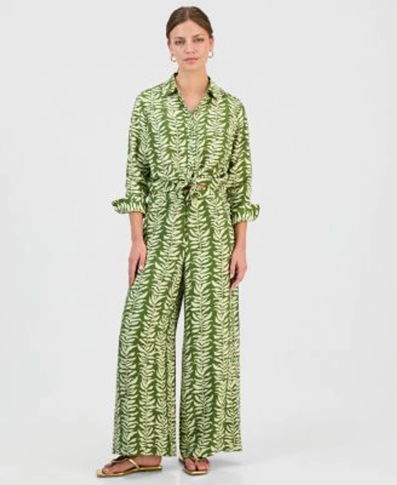 I.N.C. International Concepts Petite Printed Long Sleeve Button Front Blouse High Rise Wide Leg Pants Macys Exclusive