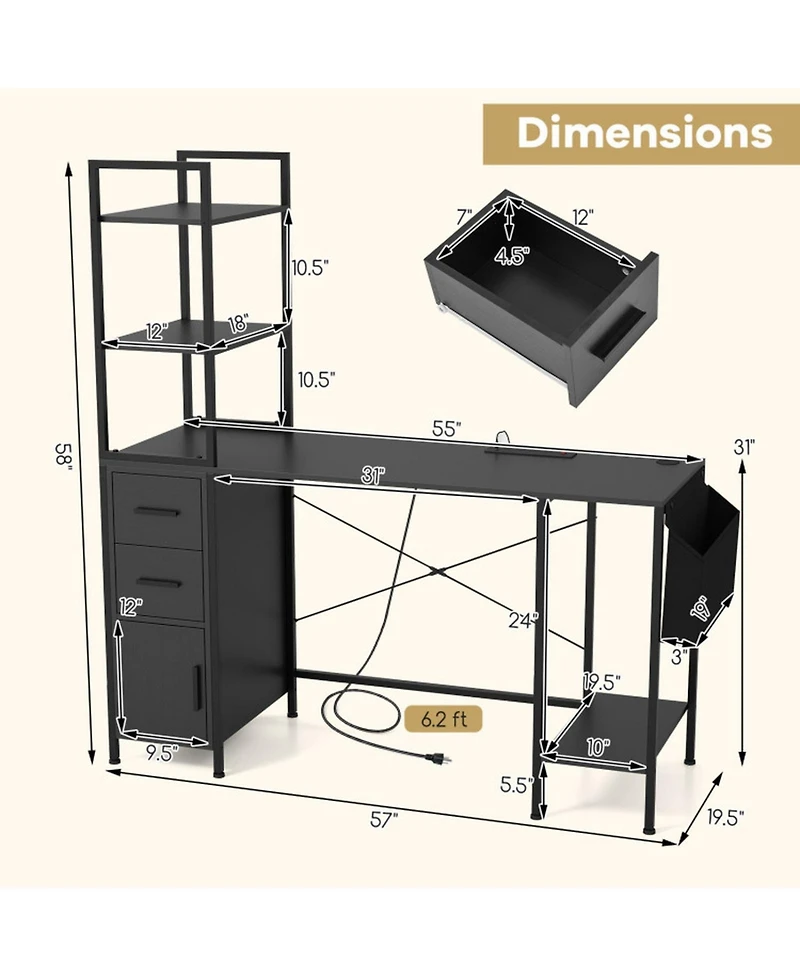 Gouun 57 in Computer Desk with Rgb Led Lights, Power Outlets and Multi-Storage