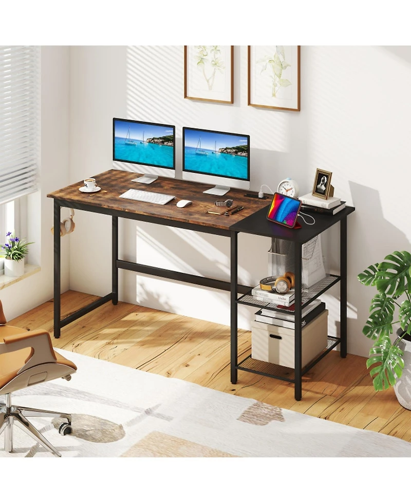Gouun 59 in Industrial Computer Desk with Built-in Charging Station and Storage Shelves