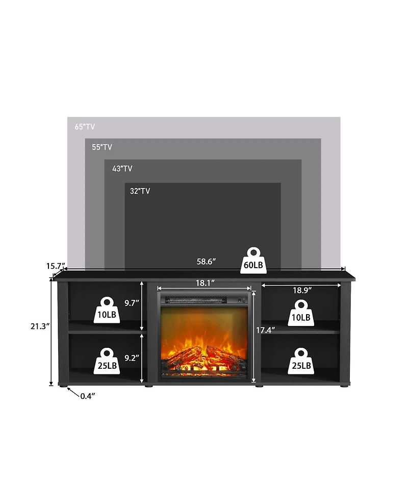 Homlux Modern Fireplace Tv Stand for TVs up to 65" with 1400W Electric Fireplace, Americano