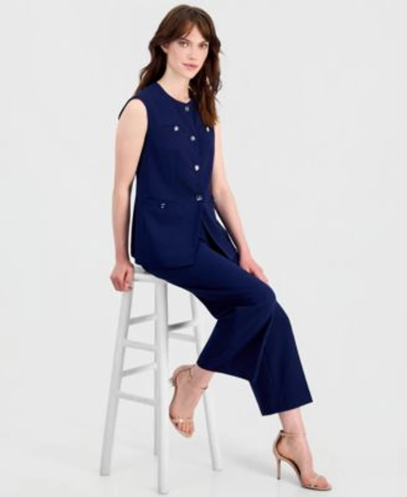 Anne Klein Womens Stretch Crepe Four Button Vest Wide Leg Cropped Pants