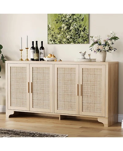 4-Door Boho Sideboard Buffet Cabinet, Natural Rattan Storage, Entryway Console or Coffee Bar Table for Dining Room, Living Kitchen,
