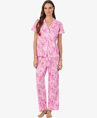 Lauren Ralph Women's Short-Sleeve Notch Collar Ankle Pant Pajama Set