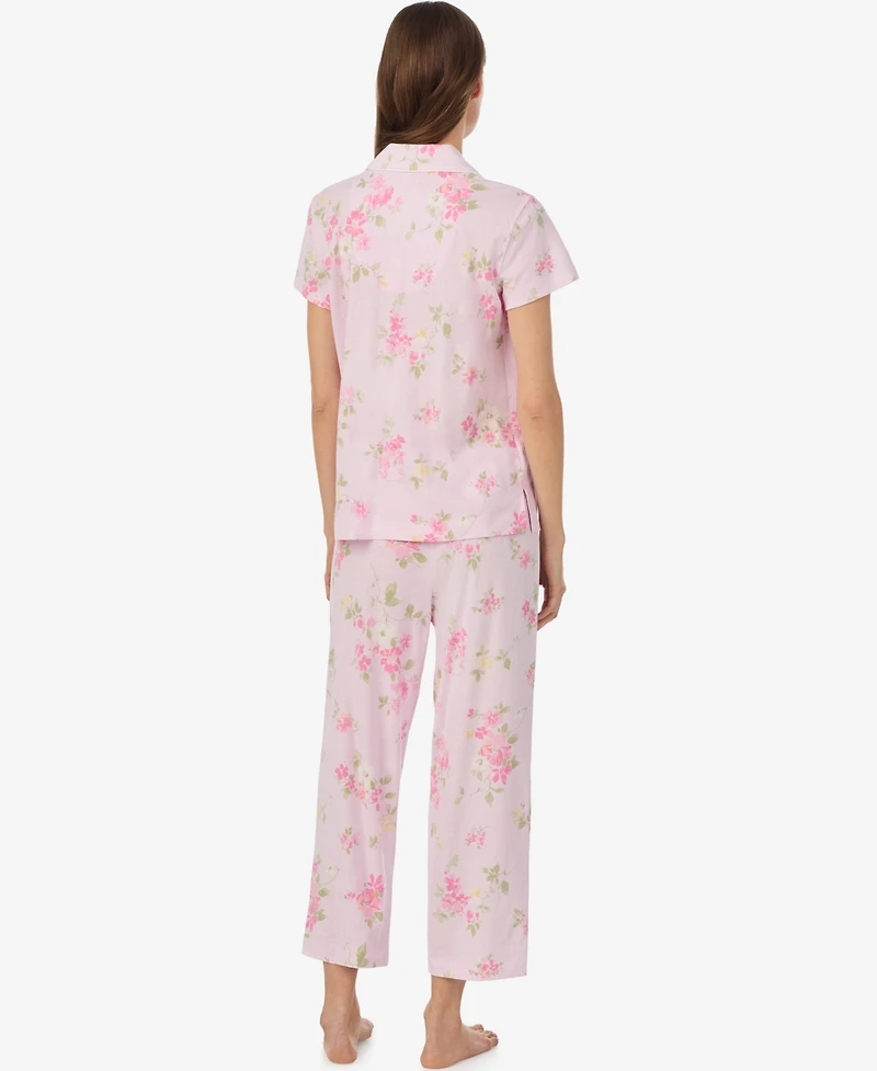 Lauren Ralph Petite Short-Sleeve Notch Collar Cropped Pant Pajama Set