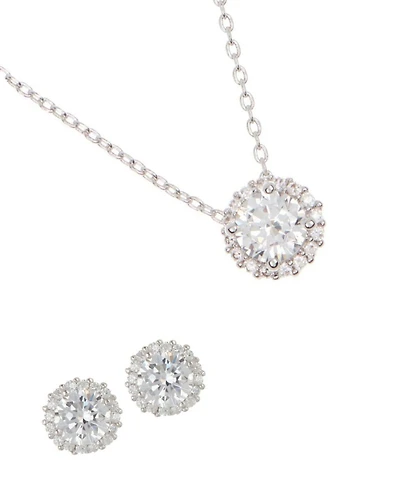 Adornia Crystal Silver 2-Piece Halo Pendant Necklace and Earrings Set