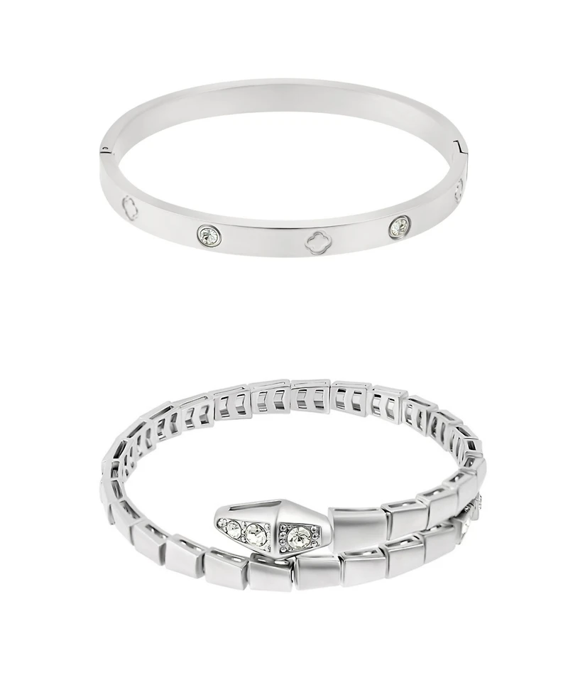 Adornia Silver 2-Piece Snake and Clover Cuff Bracelet Set