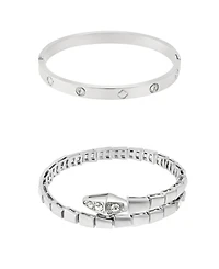 Adornia Silver 2-Piece Snake and Clover Cuff Bracelet Set