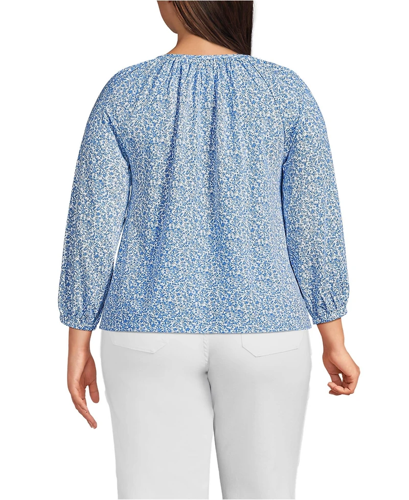 Lands' End Plus Lightweight Jersey 3/4 Sleeve Notch Neck Gather Blouse