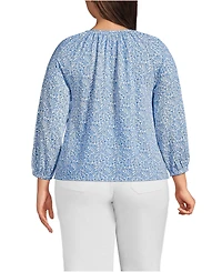 Lands' End Plus Lightweight Jersey 3/4 Sleeve Notch Neck Gather Blouse