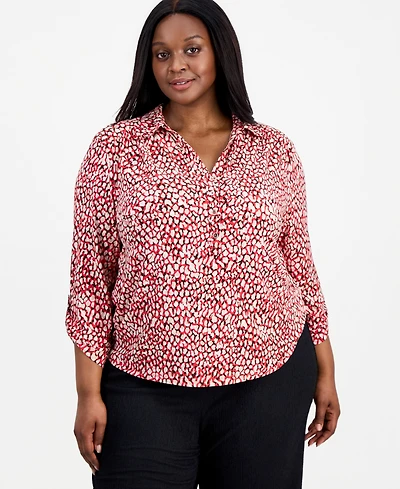 Anne Klein Essentials Plus Printed 3/4 Scrunch-Tab-Sleeve Blouse