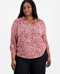 Anne Klein Essentials Plus Printed 3/4 Scrunch-Tab-Sleeve Blouse