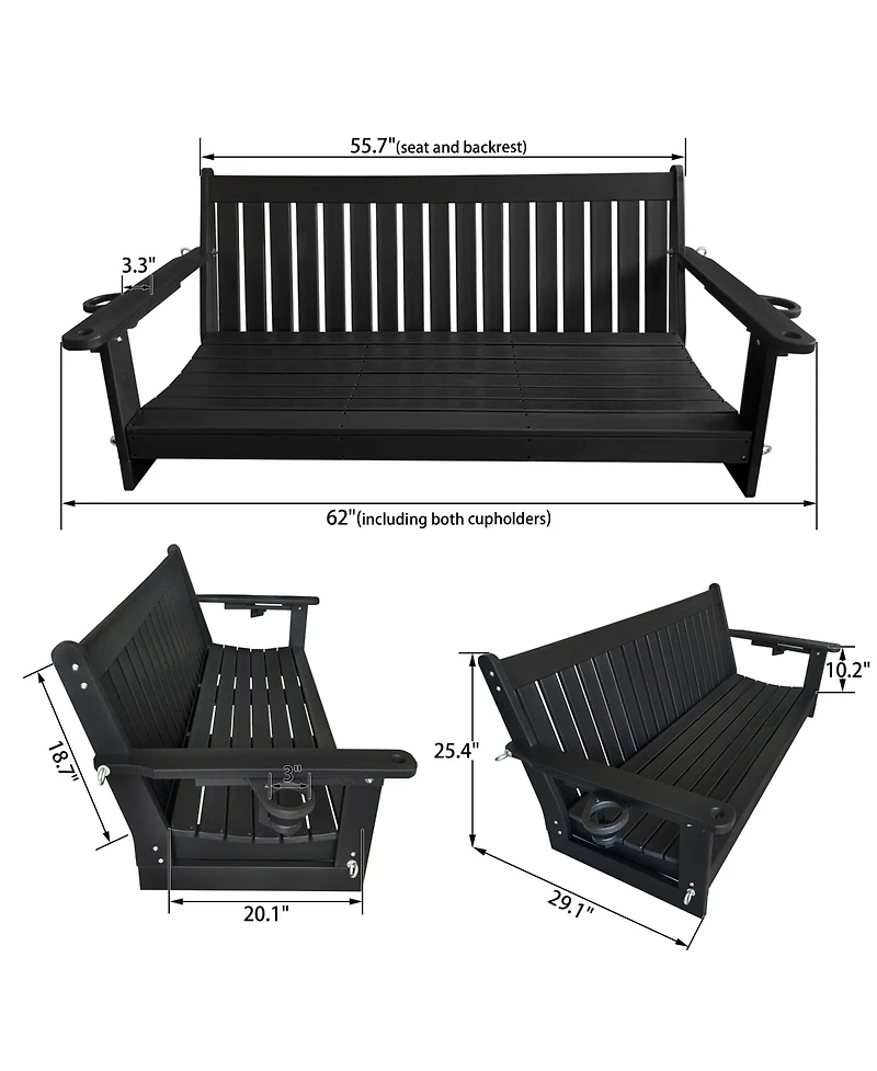 Mega Casa 3-Seater Hdpe Porch Swing 5 Ft Bench with Foldable Cup Holders