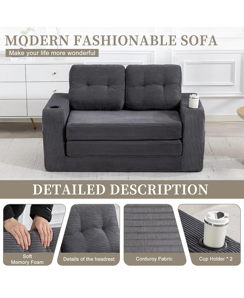 Rainsken Convertible Sofa Bed, Corduroy Loveseat Floor Couch with Cup Holders and Pillows, Multi-functional Fold Out Sofa Bed for Living Room