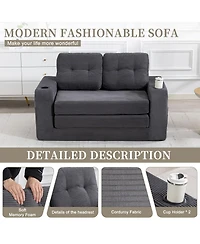 Rainsken Convertible Sofa Bed, Corduroy Loveseat Floor Couch with Cup Holders and Pillows, Multi-functional Fold Out Sofa Bed for Living Room