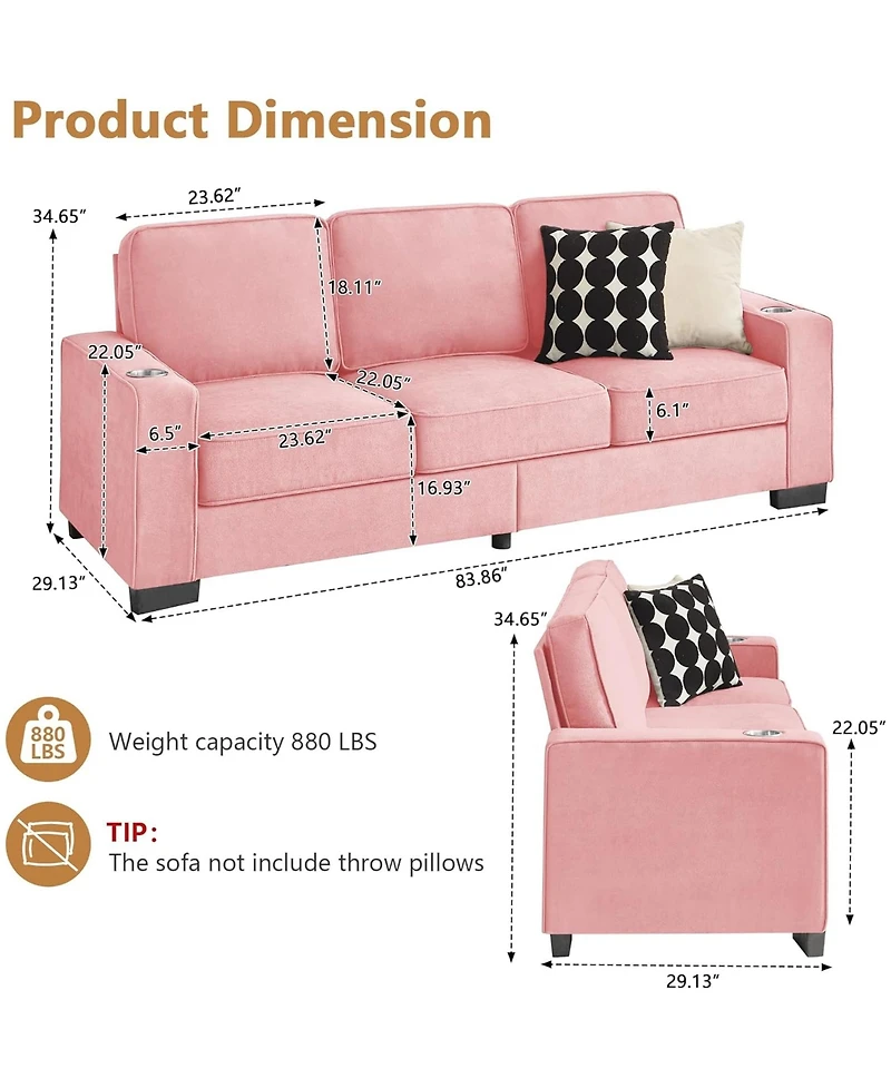 Rainsken Modern 3-Seater Sofa Couch, 83.86" Snowfleece Fabric Sofa, Comfy Compressed Couch with 2 Cup Holders for Living Room, Office