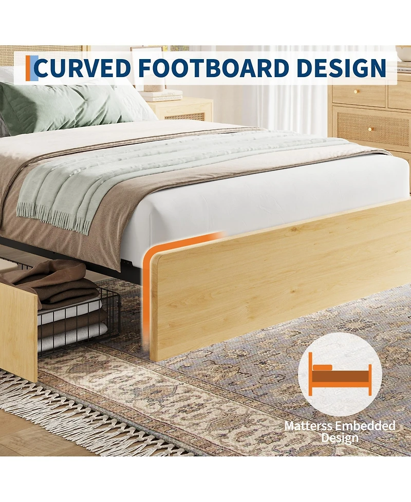 gaomon Bohemian Platform Bed Frame with Rattan Storage Headboard, Adjustable Led Lights, Wooden Support Legs, No Box Spring Needed